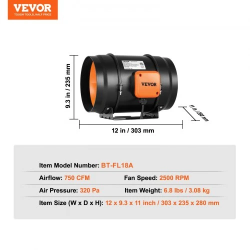 Koduva VEVOR inline kanalo ventiliatorius, 203,2 mm, reguliuojamo greičio, AC variklis