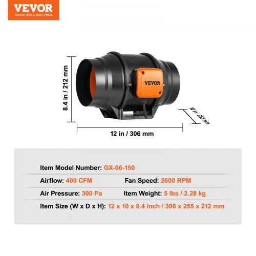 Koduva VEVOR inline kanalo ventiliatorius, 152,4 mm, kintamo greičio valdiklis
