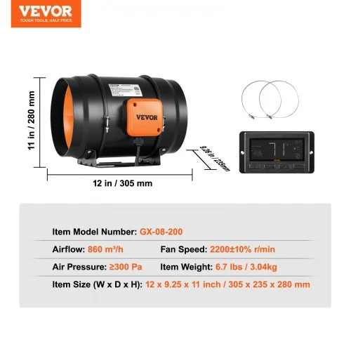Koduva VEVOR inline ortakinis ventiliatorius, 203,2 mm, 807 CFM, su temperatūros ir drėgmės valdikliu
