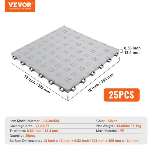 Koduva VEVOR interlocking garažo plytelės, 25 vnt., 12 x 12 x 0,53 col. sidabrinės