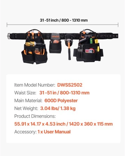 Koduva VEVOR įrankių diržas, 18 kišenių, DWSS2502, 80-131 cm
