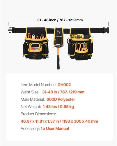 Koduva VEVOR įrankių diržas GH002, magnetinė įrankių kišenė, 28 kišenės, 78,7-121,9 cm