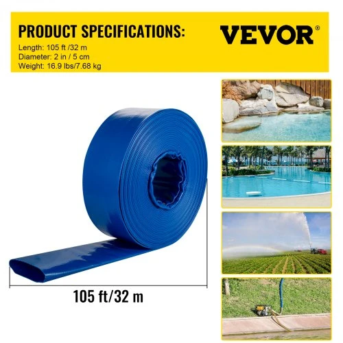 VEVOR Išleidimo žarna, 51 mm x 32 m, PVC audinio, su spaustukais, mėlyna