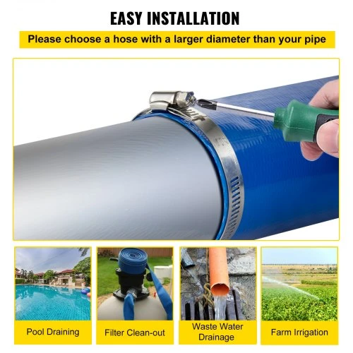 VEVOR Išleidimo žarna, 76 mm x 32 m, PVC plokščia žarna su spaustukais, mėlyna