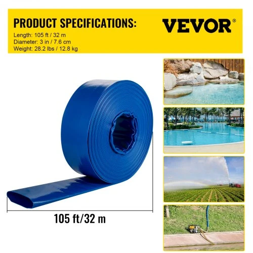 VEVOR Išleidimo žarna, 76 mm x 32 m, PVC plokščia žarna su spaustukais, mėlyna