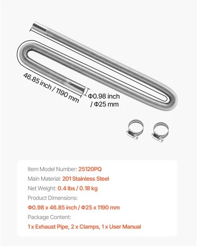 VEVOR Išmetimo žarna dyzeliniam šildytuvui, 1200 mm, su 2 apkabomis