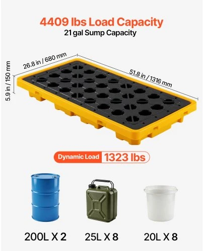Koduva VEVOR išsiliejimo sulaikymo padėklas 2 statinėms, žemo profilio modulinė platforma, 79,5 l, 2000 kg, 1316 x 680 x 150 mm, geltonas