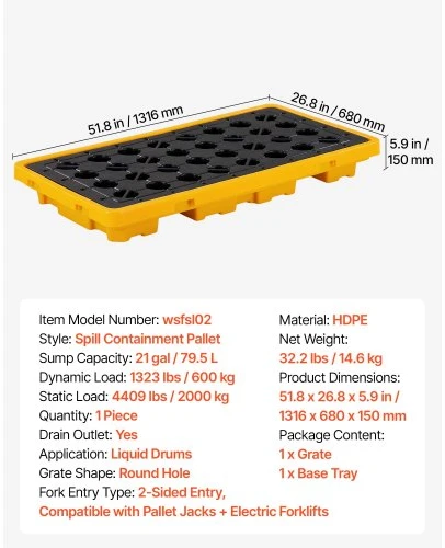 Koduva VEVOR išsiliejimo sulaikymo padėklas 2 statinėms, žemo profilio modulinė platforma, 79,5 l, 2000 kg, 1316 x 680 x 150 mm, geltonas