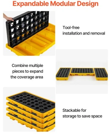 Koduva VEVOR išsiliejimo sulaikymo padėklas 2 statinėms, žemo profilio modulinė platforma, 79,5 l, 2000 kg, 1316 x 680 x 150 mm, geltonas