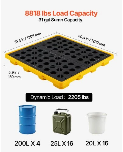 Koduva VEVOR išsiliejimų sulaikymo padėklas 4 statinėms, žemo profilio platforma, 117,4 l, 4000 kg, 1305x1280x150 mm, geltonas