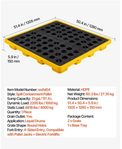 Koduva VEVOR išsiliejimų sulaikymo padėklas 4 statinėms, žemo profilio platforma, 117,4 l, 4000 kg, 1305x1280x150 mm, geltonas