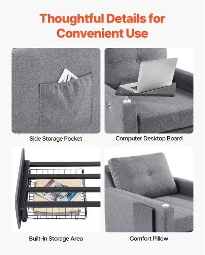 VEVOR Išskleidžiama sofa-lova su šonine kišene, pilka, LW-0666-1