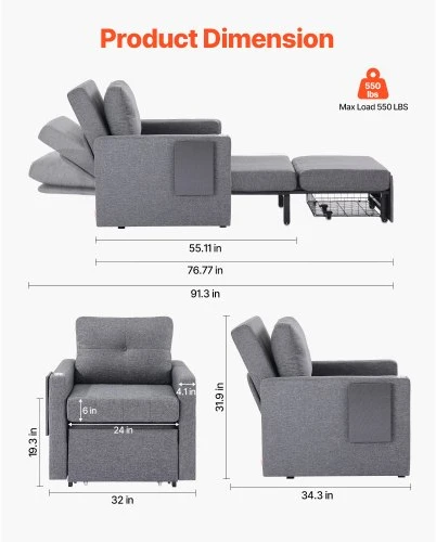 VEVOR Išskleidžiama sofa-lova su šonine kišene, pilka, LW-0666-1