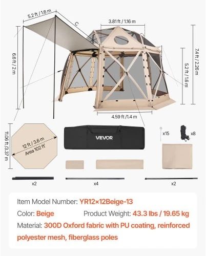 VEVOR Iššokanti pavėsinė su tinkleliu, 3,6 x 3,6 m, 13 pusių, smėlinė