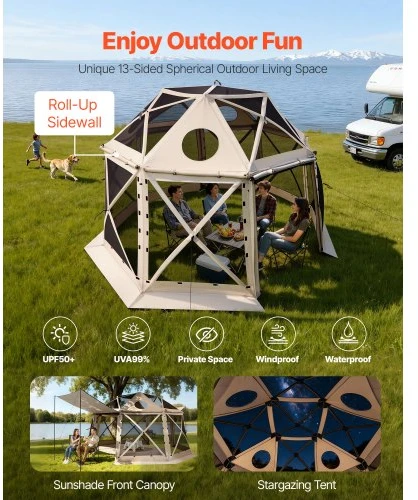 VEVOR Iššokanti pavėsinė su tinkleliu, 3,6 x 3,6 m, 13 pusių, smėlinė