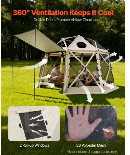 VEVOR Iššokanti pavėsinė su tinkleliu, 3,6 x 3,6 m, 13 pusių, smėlinė