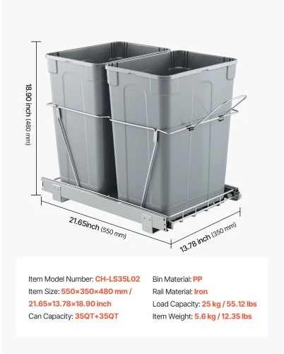 VEVOR Ištraukiama šiukšliadėžė virtuvės spintelei, dviguba po kriaukle, 35QT+35QT, su metaline bėgelių sistema