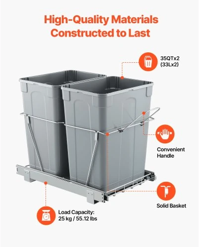 VEVOR Ištraukiama šiukšliadėžė virtuvės spintelei, dviguba po kriaukle, 35QT+35QT, su metaline bėgelių sistema