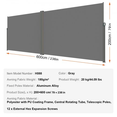 Koduva VEVOR ištraukiama šoninė markizė, 200 x 600 cm, pilka