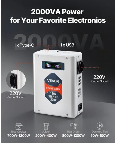 Koduva VEVOR įtampos keitiklis, 2000VA, 110V į 220V, su 2 EU lizdais, USB ir Type-C, HYDXMG--2000VA