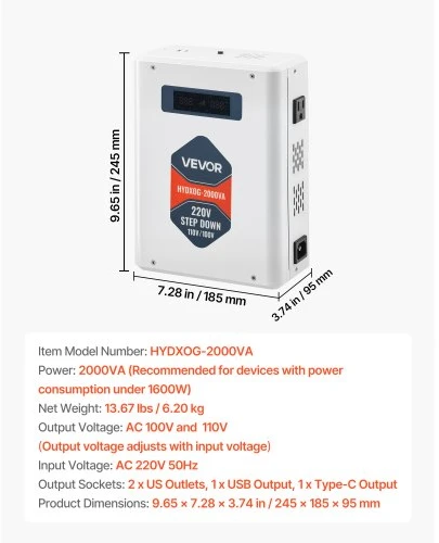 Koduva VEVOR įtampos keitiklis, 2000VA, HYDXOG--2000VA
