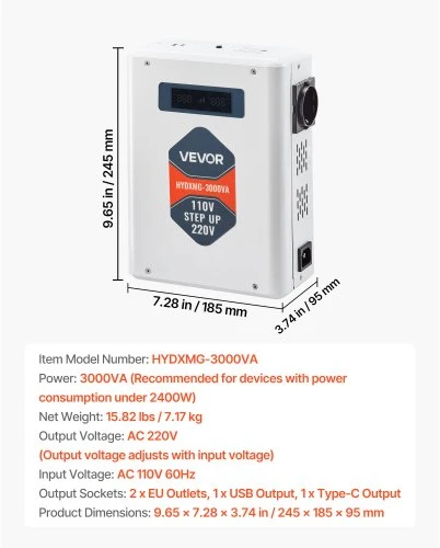 VEVOR Įtampos keitiklis, 3000 VA, 110 V į 220 V, HYDXMG--3000VA