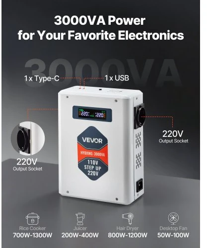 VEVOR Įtampos keitiklis, 3000 VA, 110 V į 220 V, HYDXMG--3000VA