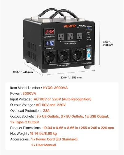 VEVOR Įtampos keitiklis, 3000VA, HYOG-3000VA, 110V į 220V ir 220V į 110V