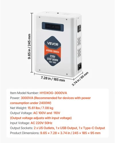 Koduva VEVOR įtampos keitiklis, 3000VA, HYDXOG--3000VA, 220V į 110V