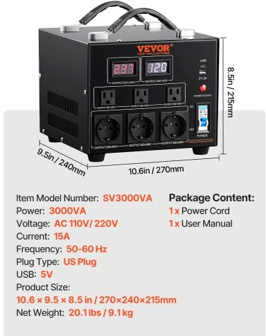 Koduva VEVOR įtampos keitiklis-transformatorius, 3000 W, SV-3000VA