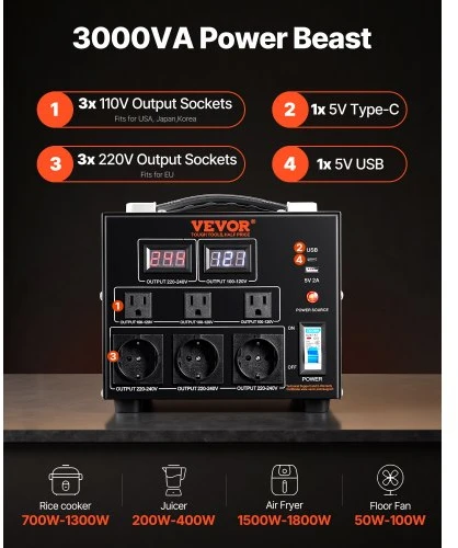 Koduva VEVOR įtampos keitiklis-transformatorius, 3000 W, SV-3000VA