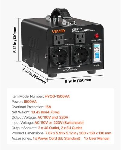 Koduva VEVOR įtampos keitiklis transformatorius, 1500VA, 110V/220V