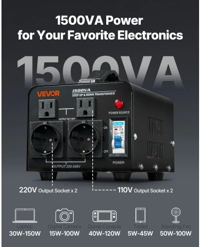 Koduva VEVOR įtampos keitiklis transformatorius, 1500VA, 110V/220V