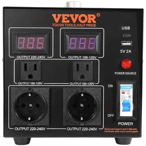 Koduva VEVOR įtampos keitiklis transformatorius, 2000 VA, metalinis korpusas, su USB jungtimi