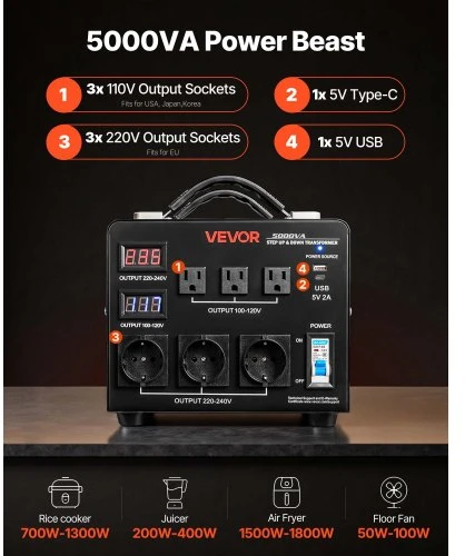 Koduva VEVOR įtampos keitiklis-transformatorius 5000VA, 110V/220V, HYOG-5000VA