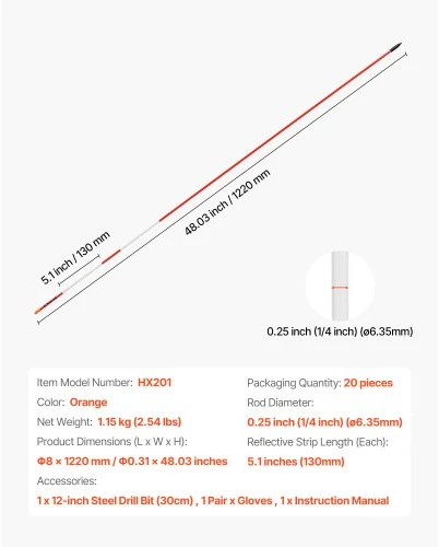VEVOR Įvažiavimo žymekliai, 20 vnt., 122 cm, ø6,35 mm, šviesą atspindintys
