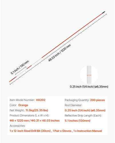 VEVOR Įvažiavimo žymekliai, 200 vnt., 122 cm, 6,35 mm, su 12 colių plieniniais grąžtais