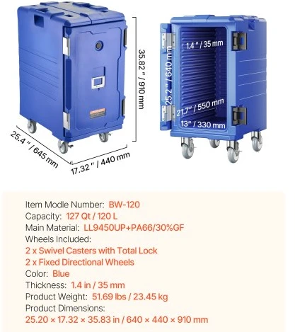 VEVOR Izoliuotas maisto dėklų vežimėlis BW-120, mėlynas, 120 l