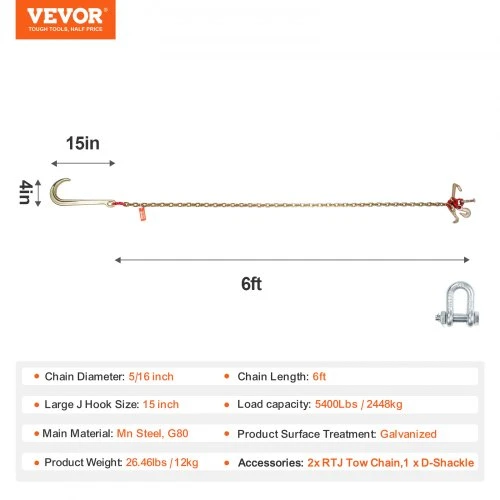 VEVOR J Hook grandininis traukimo komplektas, 2 vnt., 5/16" x 6 pėdų, G80, 5400 lbs