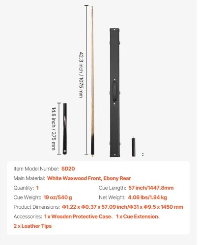Koduva VEVOR jungtinis snukerio lazdas su prailginimo kotu, 1447,8 mm, 9,7 mm odiniu antgaliu, 538 g
