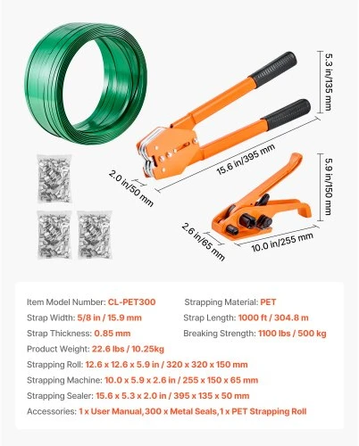 VEVOR Juostavimo įrankių rinkinys, PET juosta 304,8 m, 300 metalinių sagtelių, oranžinis