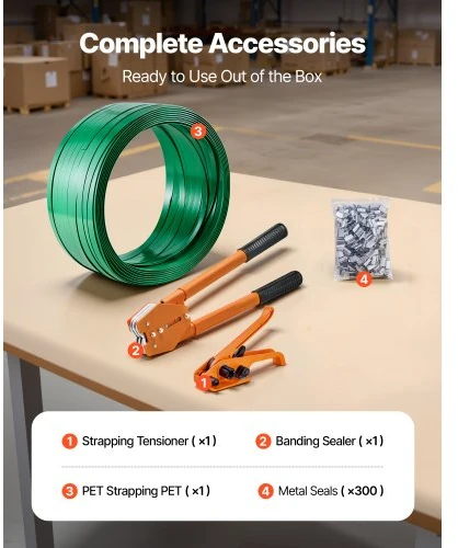 VEVOR Juostavimo įrankių rinkinys, PET juosta 304,8 m, 300 metalinių sagtelių, oranžinis