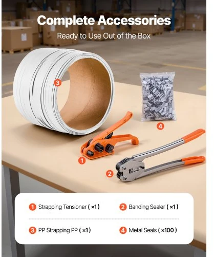 VEVOR Juostavimo rinkinys, rankinis PP juostos užlydymo įrankis, 100 m juosta, 100 metalinių sandariklių, oranžinis