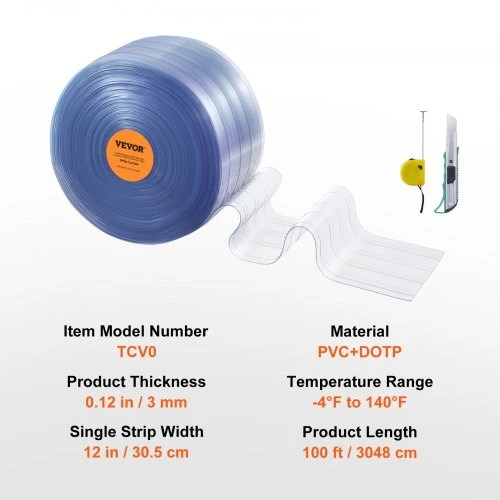 VEVOR Juostinė užuolaida, 100 pėdų x 12 col. x 0,12 col., skaidri gofruota PVC juosta