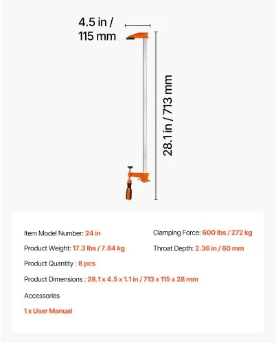 VEVOR Juostiniai spaustuvai medienai, 8 vnt., 60,96 cm F tipo spaustuvai, 272 kg, su plastikinėmis pagalvėlėmis