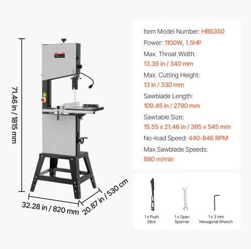 VEVOR Juostinis pjūklas medienai HBS350, 340 mm, 1100 W, 220 V
