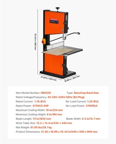 VEVOR Juostinis pjūklas medienai HBS250, 373 W, 160 mm, 254 mm