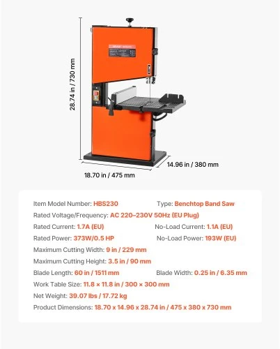 VEVOR Juostinis pjūklas medienai, 229 mm, 373 W, 90 mm, HBS230
