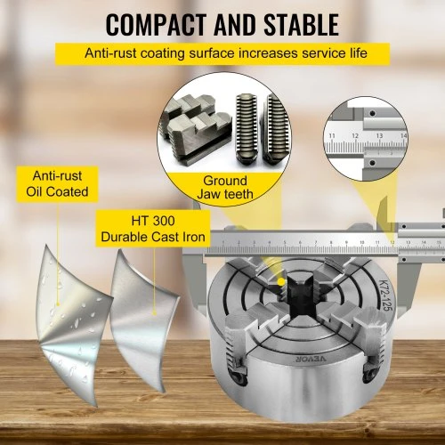 VEVOR K72-125 5 colių 4 žandų tekinimo griebtuvas, 125 mm, nepriklausomas, reversinis