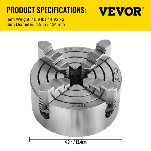 VEVOR K72-125 5 colių 4 žandų tekinimo griebtuvas, 125 mm, nepriklausomas, reversinis